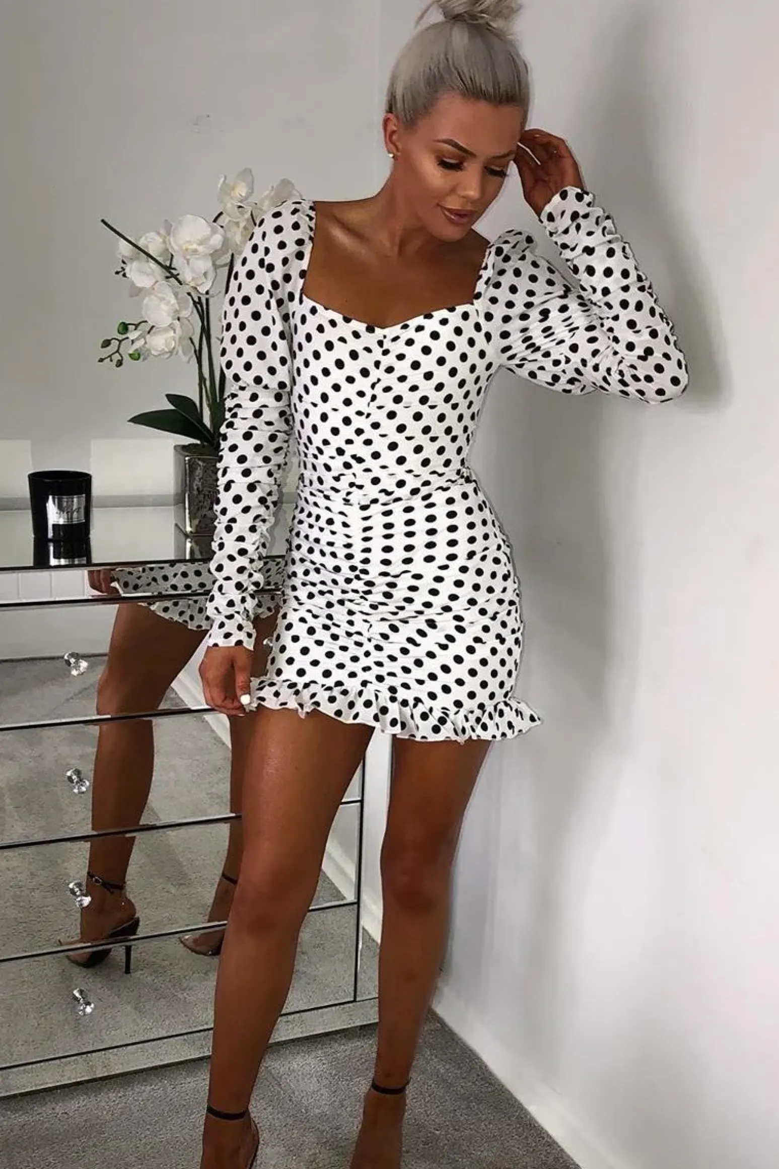 Rebellious Fashion White Polka Dot Ruched Milkmaid Dress - Neave