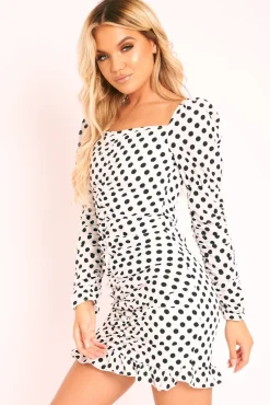 Rebellious Fashion White Polka Dot Ruched Milkmaid Dress - Neave