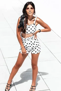 Rebellious Fashion White Polka Dot Ruffle Trim Shorts And Bralet Co-Ord - Yara