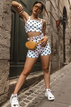 Rebellious Fashion White Polka Dot Ruffle Trim Shorts And Bralet Co-Ord - Yara