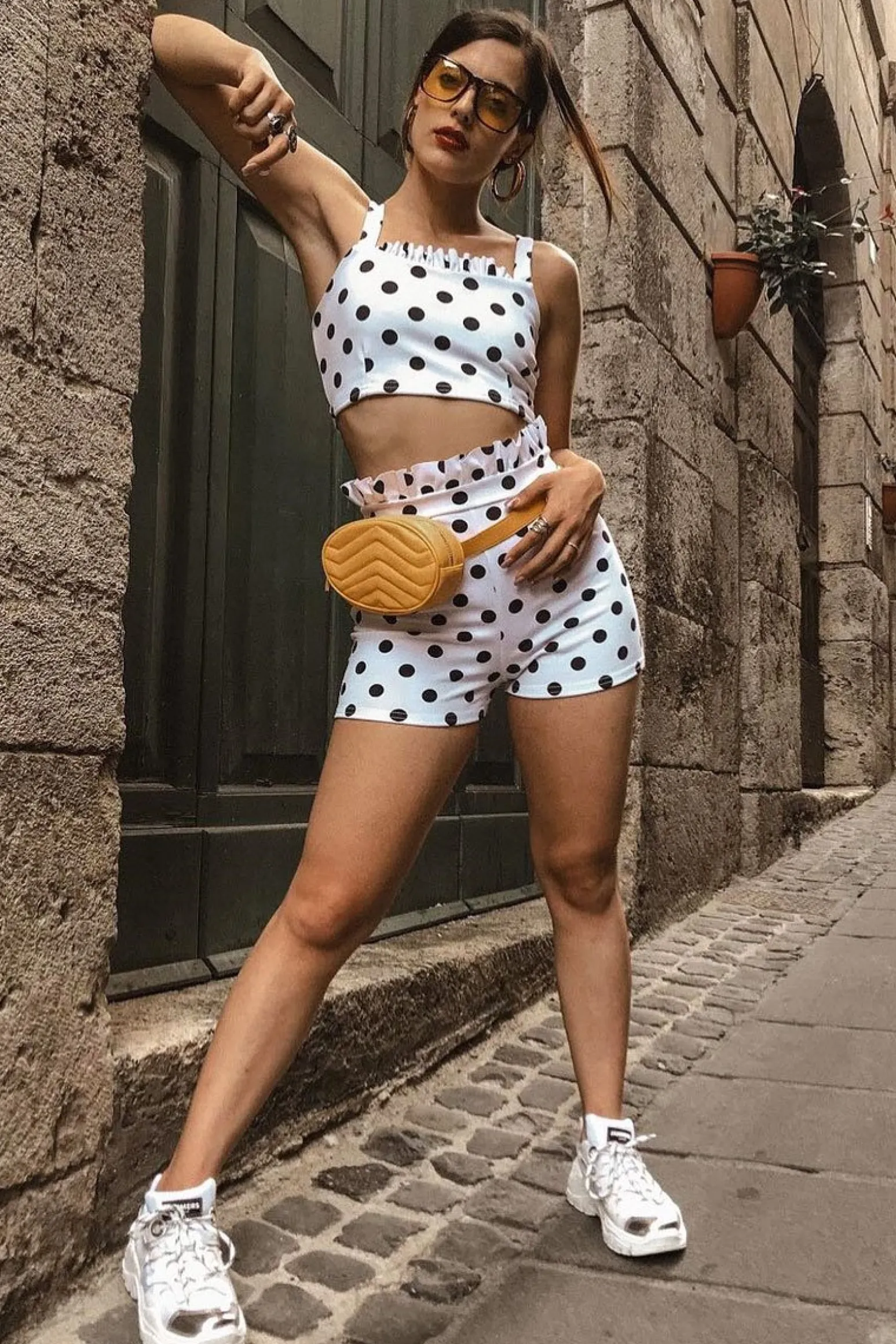 Rebellious Fashion White Polka Dot Ruffle Trim Shorts And Bralet Co-Ord - Yara