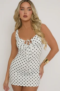 Rebellious Fashion White Polka Dot Tie Front Mini Dress - Leanne