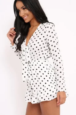 Rebellious Fashion White Polka Dot Tie Front Playsuit - Jem