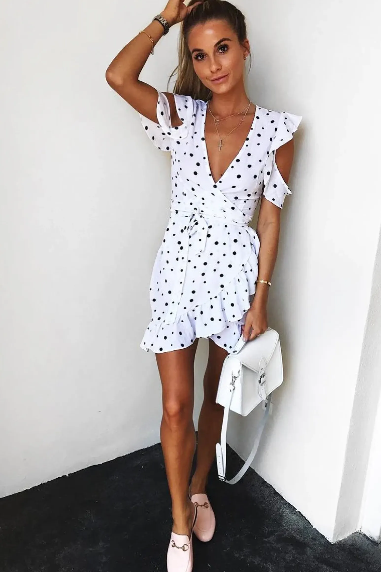 Rebellious Fashion White Polka Dot Wrap Over Frill Dress - Wisdom