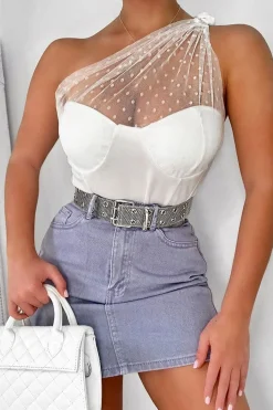 Rebellious Fashion White Polka Mesh Corset One Shoulder Bodysuit - Carrie