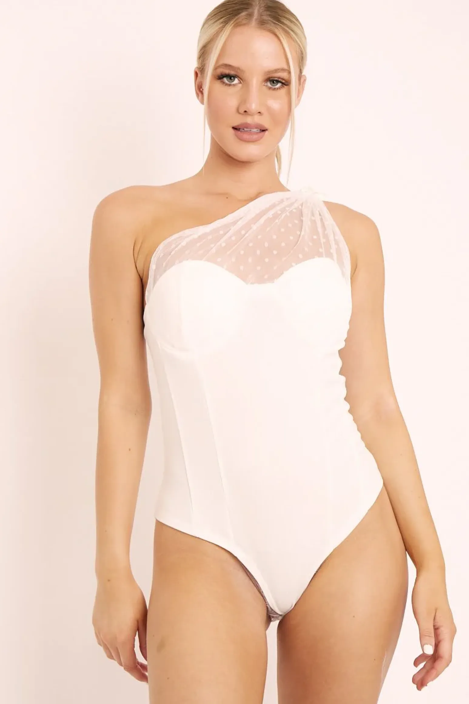 Rebellious Fashion White Polka Mesh Corset One Shoulder Bodysuit - Carrie