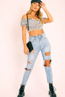 Rebellious Fashion White Polka Mesh Milkmaid Crop Top - Rosa