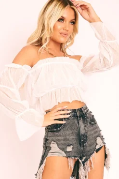 Rebellious Fashion White Polka Mesh Ruffle Bardot Crop Top - Aagna