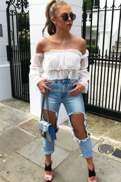 Rebellious Fashion White Polka Mesh Ruffle Bardot Crop Top - Aagna