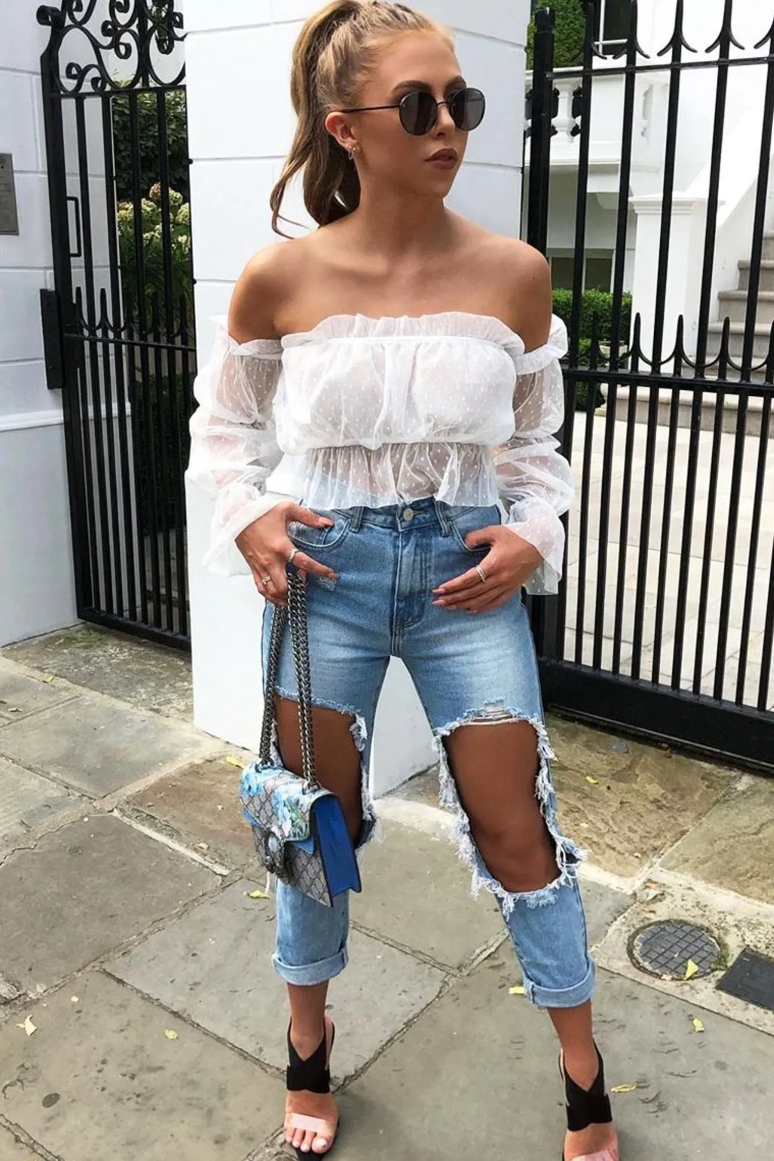 Rebellious Fashion White Polka Mesh Ruffle Bardot Crop Top - Aagna