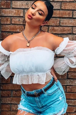 Rebellious Fashion White Polka Mesh Ruffle Bardot Crop Top - Aagna