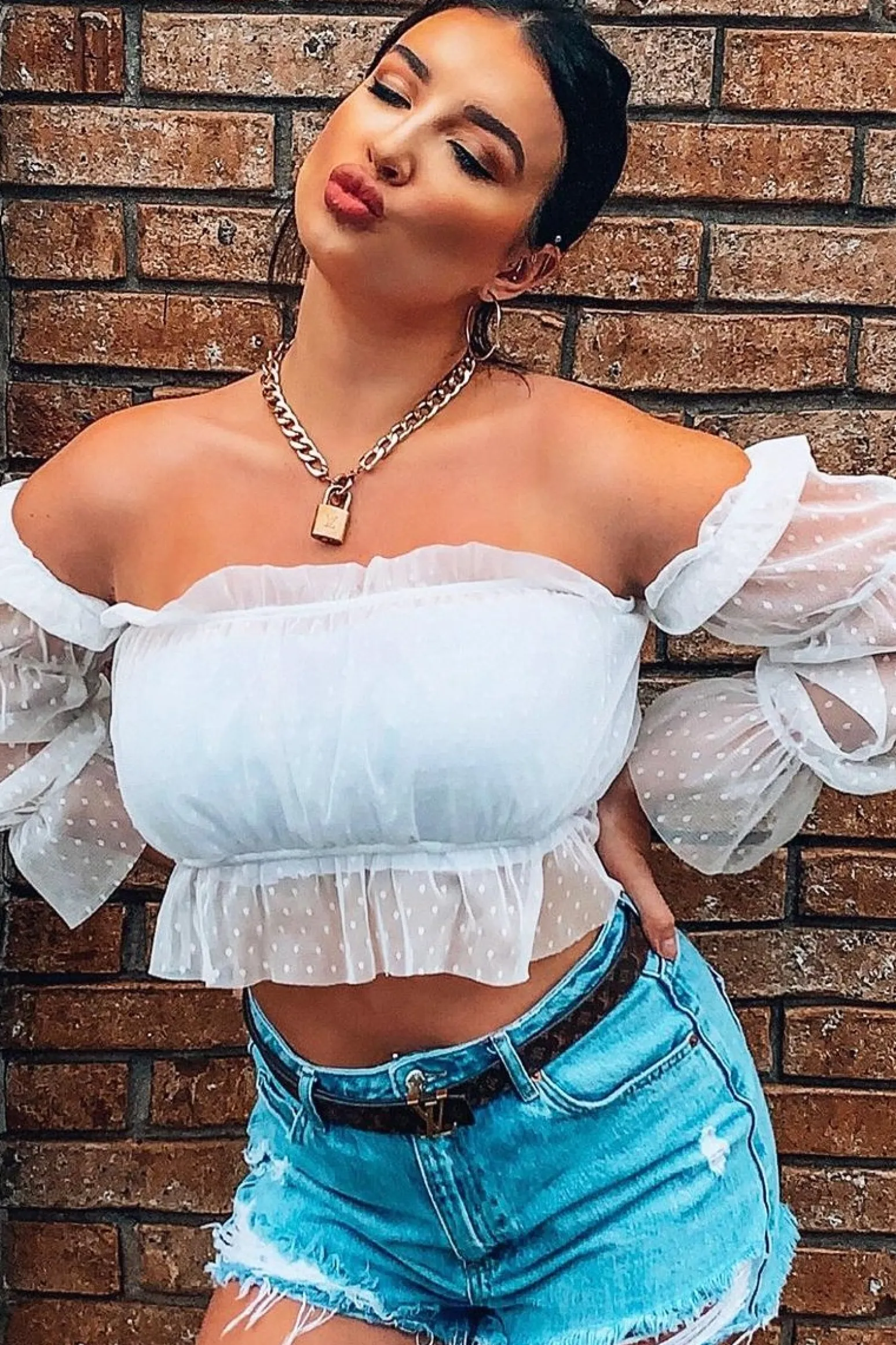 Rebellious Fashion White Polka Mesh Ruffle Bardot Crop Top - Aagna