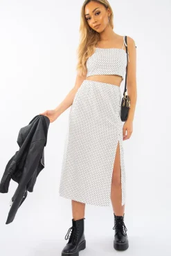 Rebellious Fashion White Polka Midi Skirt and Crop Top Co-ord - Viktoriya