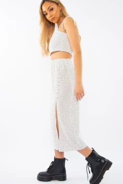 Rebellious Fashion White Polka Midi Skirt and Crop Top Co-ord - Viktoriya