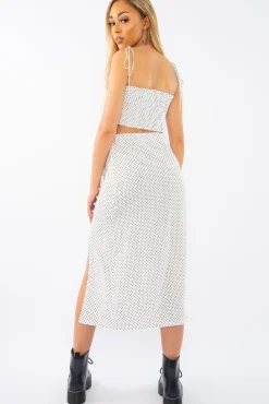 Rebellious Fashion White Polka Midi Skirt and Crop Top Co-ord - Viktoriya
