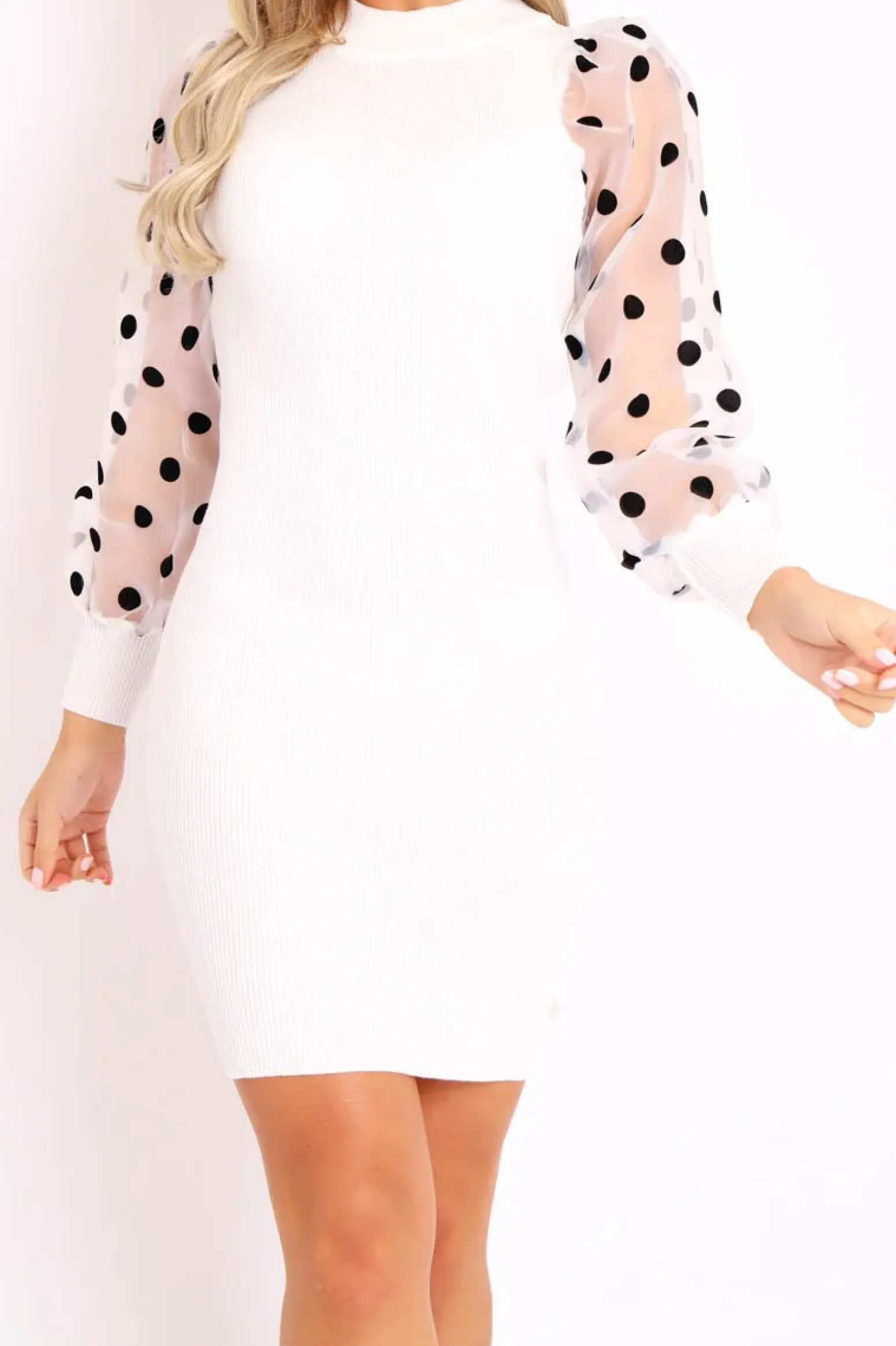 Rebellious Fashion White Polka Puff Sleeve Knit Ribbed Mini Dress - Amai