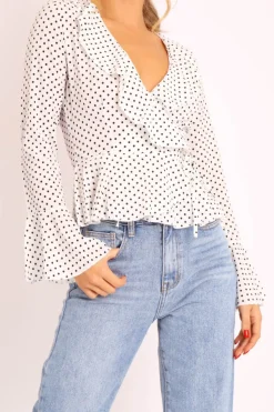 Rebellious Fashion White Polka Ruffle Wrap Blouse - Calynn
