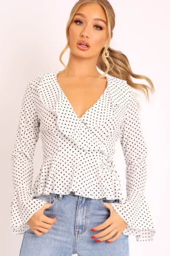 Rebellious Fashion White Polka Ruffle Wrap Blouse - Calynn
