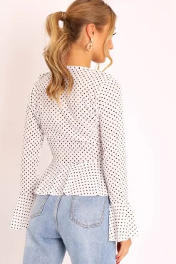 Rebellious Fashion White Polka Ruffle Wrap Blouse - Calynn