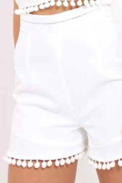 Rebellious Fashion White Pom Pom Hem Shorts - Kenny