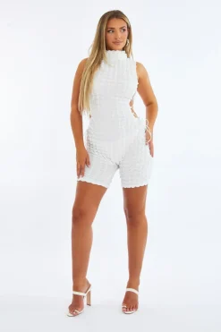 Rebellious Fashion White Puff Fabric Lace Up Playsuit - Delphi