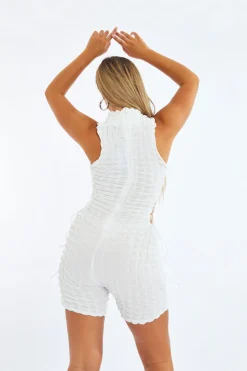 Rebellious Fashion White Puff Fabric Lace Up Playsuit - Delphi