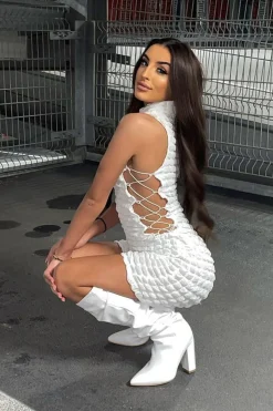 Rebellious Fashion White Puff Fabric Lace Up Playsuit - Delphi