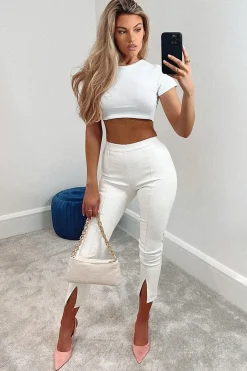 Rebellious Fashion White PU Leather Front Slit Trousers - Caro