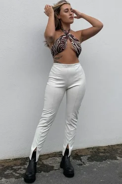 Rebellious Fashion White PU Leather Front Slit Trousers - Caro