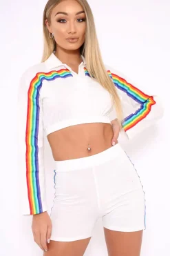 Rebellious Fashion White Rainbow Stripe Collard Crop Top - Hinda