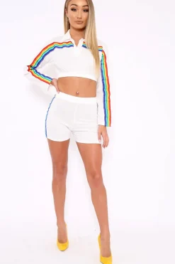 Rebellious Fashion White Rainbow Stripe Collard Crop Top - Hinda
