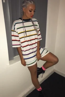 Rebellious Fashion White Rainbow Stripe Oversized T-Shirt Dress - Avriella