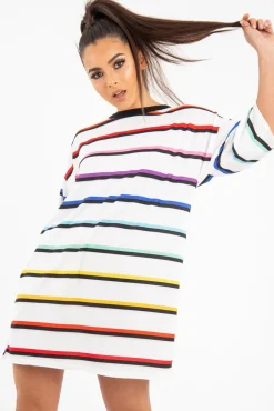 Rebellious Fashion White Rainbow Stripe Oversized T-Shirt Dress - Avriella