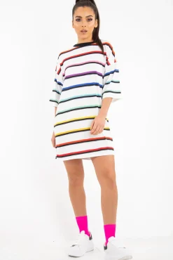 Rebellious Fashion White Rainbow Stripe Oversized T-Shirt Dress - Avriella