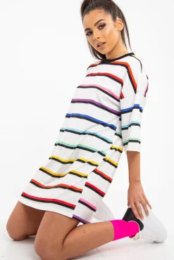 Rebellious Fashion White Rainbow Stripe Oversized T-Shirt Dress - Avriella