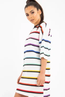 Rebellious Fashion White Rainbow Stripe Oversized T-Shirt Dress - Avriella