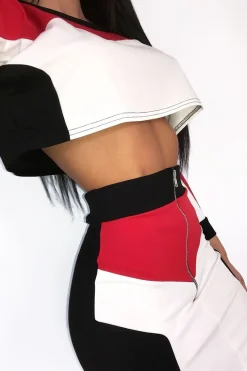 Rebellious Fashion White Red and Black Colour Block Crop Top and Skirt Co-ord - Dyana