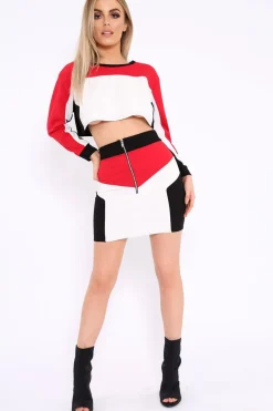 Rebellious Fashion White Red and Black Colour Block Crop Top and Skirt Co-ord - Dyana