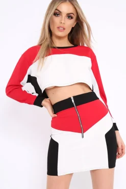 Rebellious Fashion White Red and Black Colour Block Crop Top and Skirt Co-ord - Dyana