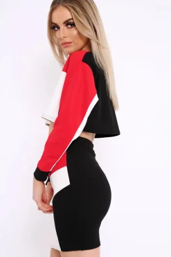 Rebellious Fashion White Red and Black Colour Block Crop Top and Skirt Co-ord - Dyana