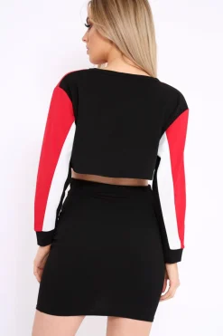 Rebellious Fashion White Red and Black Colour Block Crop Top and Skirt Co-ord - Dyana