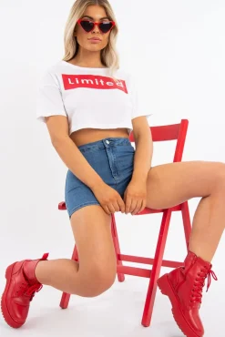 Rebellious Fashion White Red Limited Slogan Cropped T Shirt - Drew