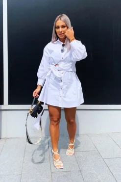 Rebellious Fashion White Resin Belt Gathered Sleeve Shirt Dress - Tawny