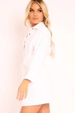 Rebellious Fashion White Resin Belt Gathered Sleeve Shirt Dress - Tawny