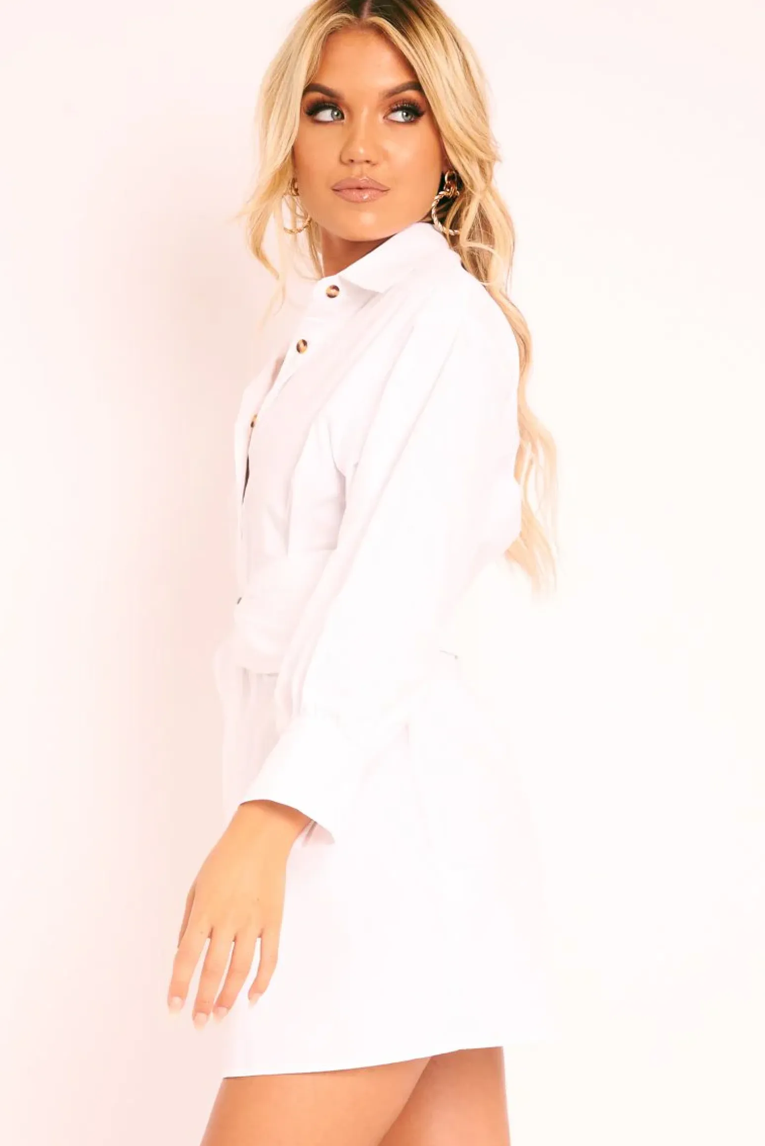 Rebellious Fashion White Resin Belt Gathered Sleeve Shirt Dress - Tawny