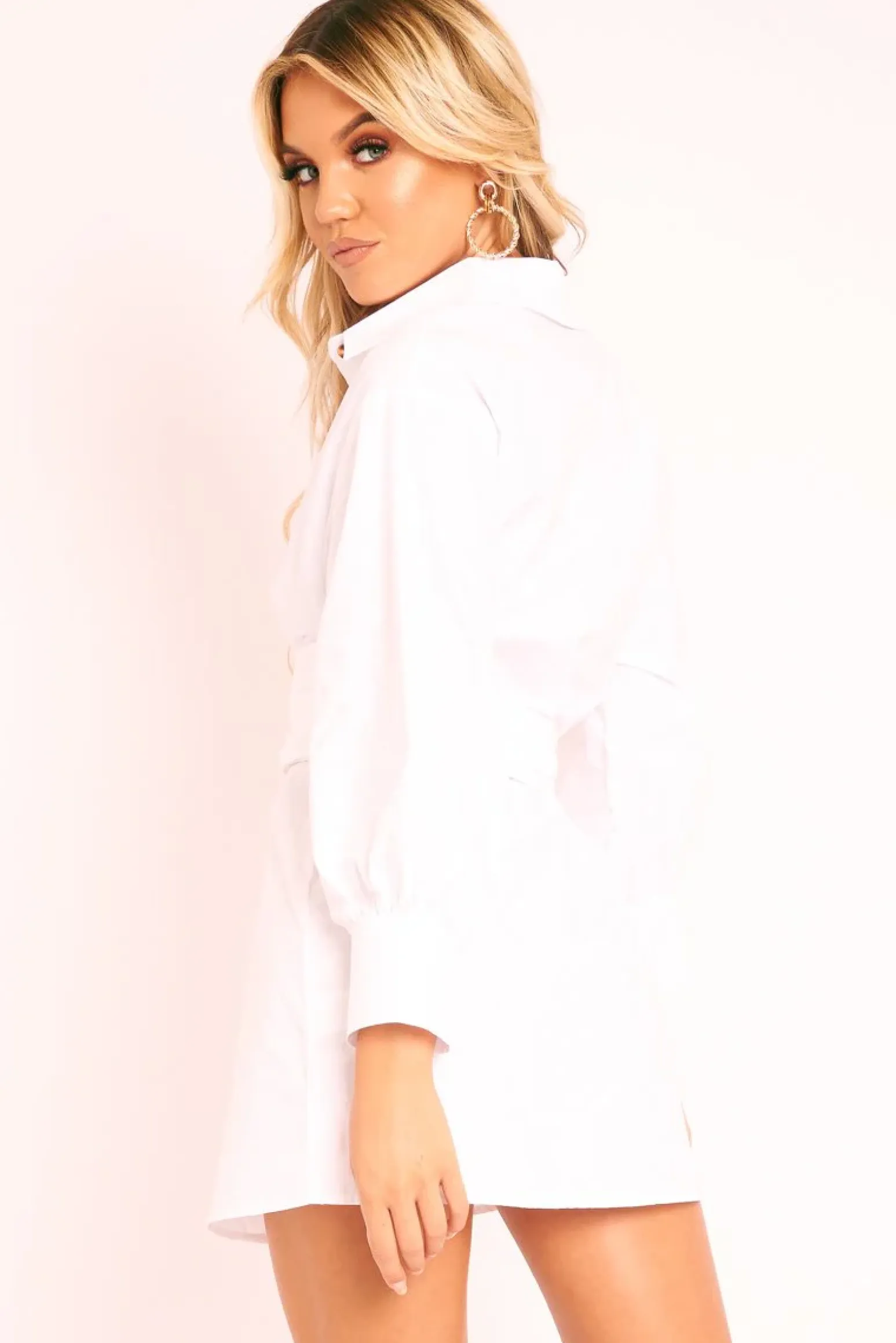 Rebellious Fashion White Resin Belt Gathered Sleeve Shirt Dress - Tawny
