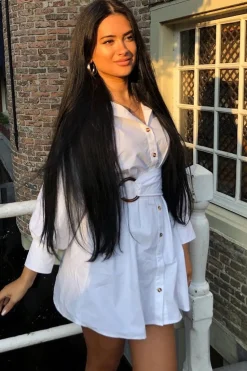 Rebellious Fashion White Resin Belt Gathered Sleeve Shirt Dress - Tawny
