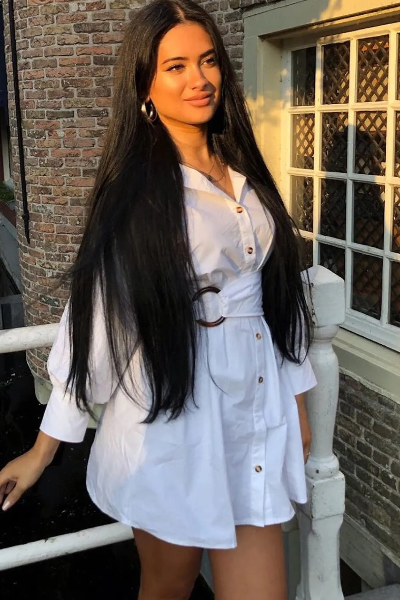 Rebellious Fashion White Resin Belt Gathered Sleeve Shirt Dress - Tawny