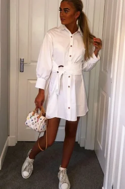 Rebellious Fashion White Resin Belt Gathered Sleeve Shirt Dress - Tawny