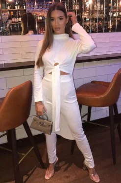 Rebellious Fashion White Rib Asymmetric Tie Front Top Legging Loungewear Co-Ord - Sasha